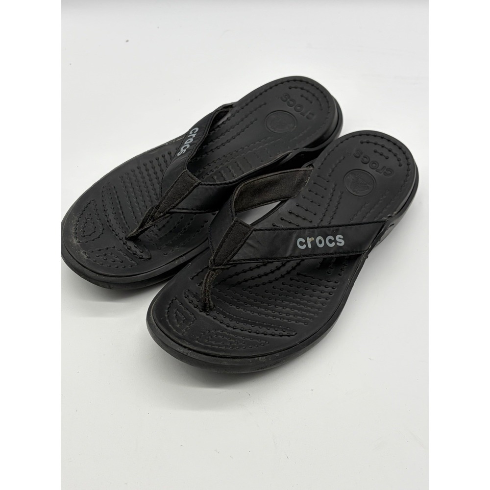 Crocs Yukon Women's Size 8 Black Leather Flip Flop Thong Sandals Comfort